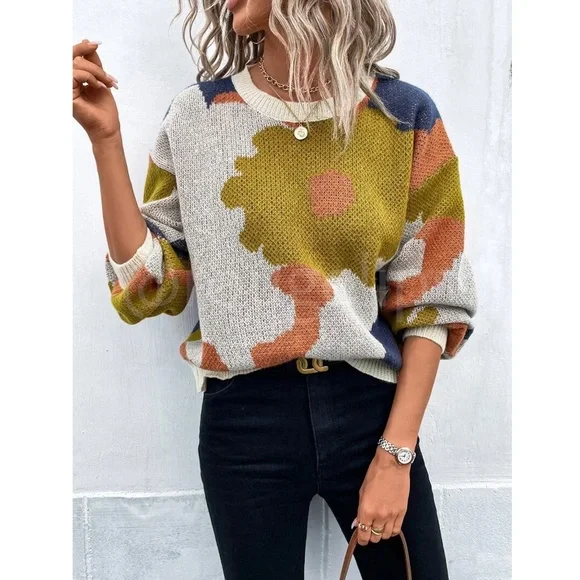 Floral Print Pullover Knit Sweater Multicolor Crew Neck Long Sleeve - Picture 2 of 7